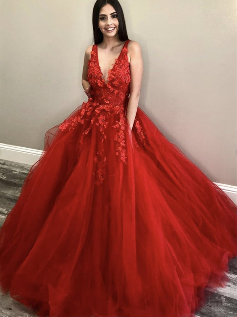 V Neck Long Red Lace Floral Prom ...